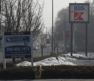 Ever since the Kmart bankruptcy, this pad site for sale sign has been seen in the Pocatello, Idaho, Big Kmart parking lot. The Kmart is the only building on the lot.